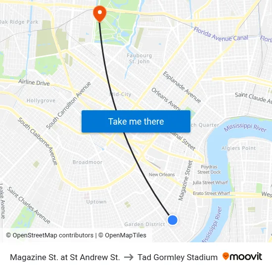 Magazine St. at St Andrew St. to Tad Gormley Stadium map