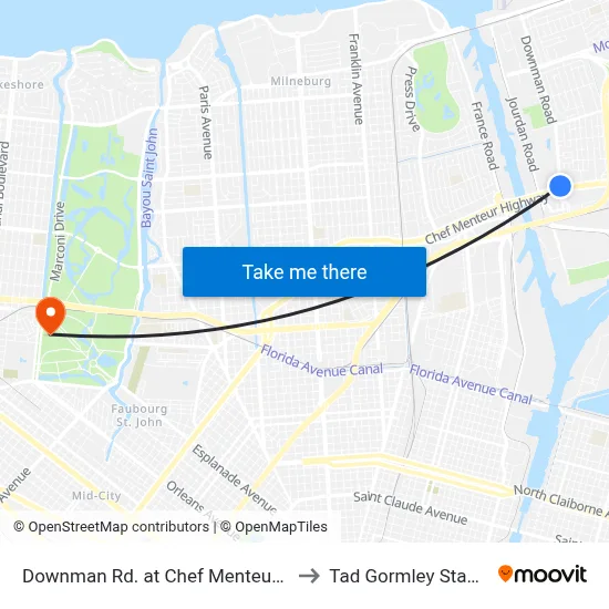 Downman Rd. at Chef Menteur Hwy. to Tad Gormley Stadium map