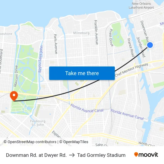 Downman Rd. at Dwyer Rd. to Tad Gormley Stadium map