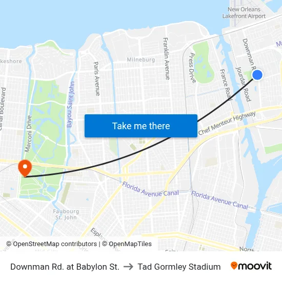 Downman Rd. at Babylon St. to Tad Gormley Stadium map
