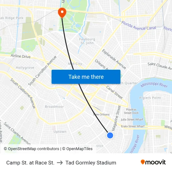 Camp St. at Race St. to Tad Gormley Stadium map