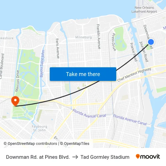 Downman Rd. at Pines Blvd. to Tad Gormley Stadium map