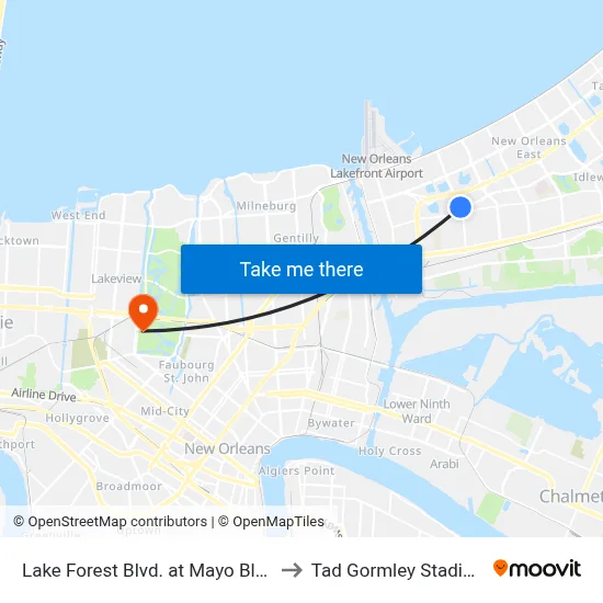 Lake Forest Blvd. at Mayo Blvd. to Tad Gormley Stadium map