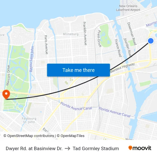 Dwyer Rd. at Basinview Dr. to Tad Gormley Stadium map