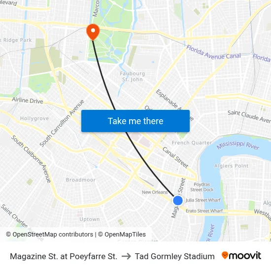 Magazine St. at Poeyfarre St. to Tad Gormley Stadium map