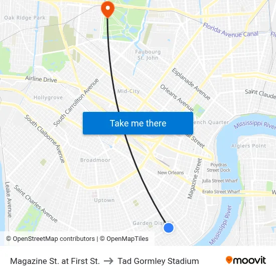 Magazine St. at First St. to Tad Gormley Stadium map