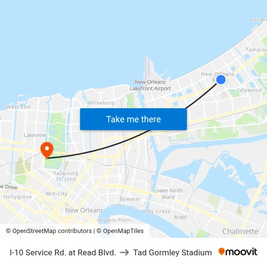 I-10 Service Rd. at Read Blvd. to Tad Gormley Stadium map