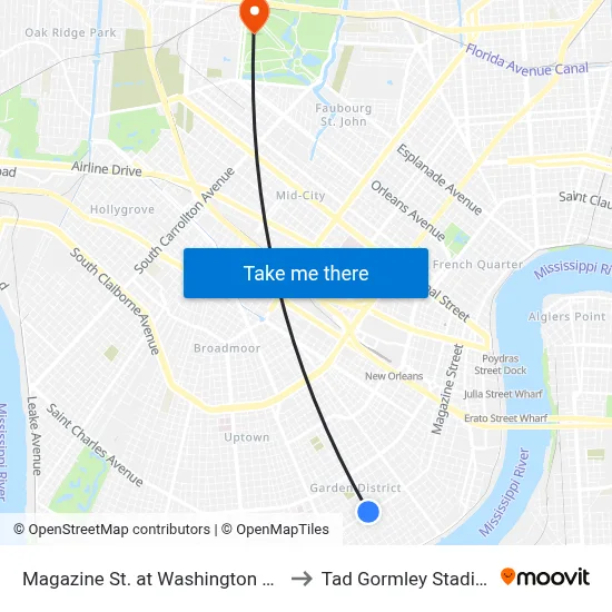 Magazine St. at Washington Ave. to Tad Gormley Stadium map