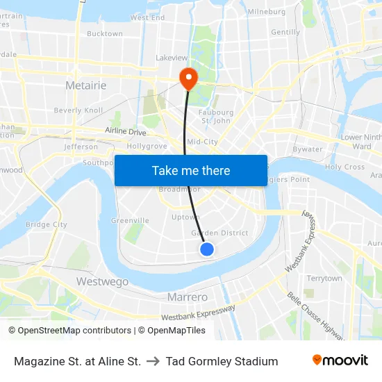 Magazine St. at Aline St. to Tad Gormley Stadium map