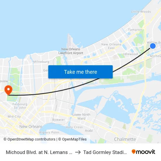 Michoud Blvd. at N. Lemans St. to Tad Gormley Stadium map