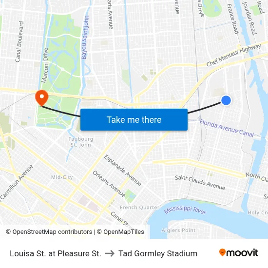 Louisa St. at Pleasure St. to Tad Gormley Stadium map