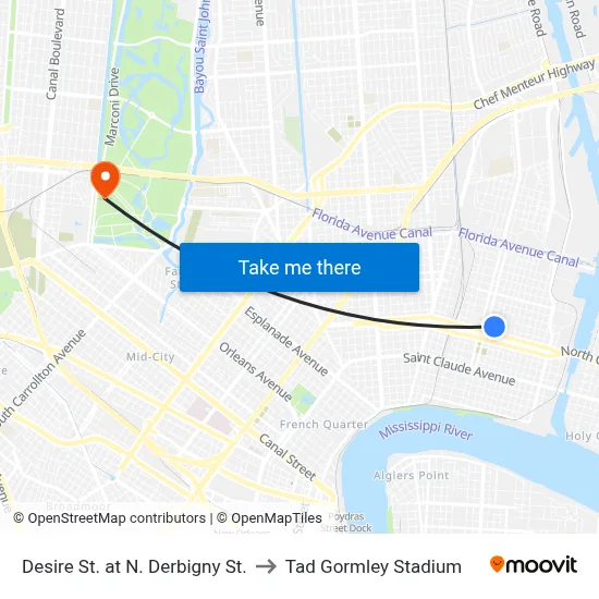 Desire St. at N. Derbigny St. to Tad Gormley Stadium map