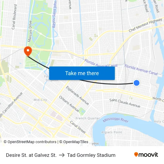 Desire St. at Galvez St. to Tad Gormley Stadium map