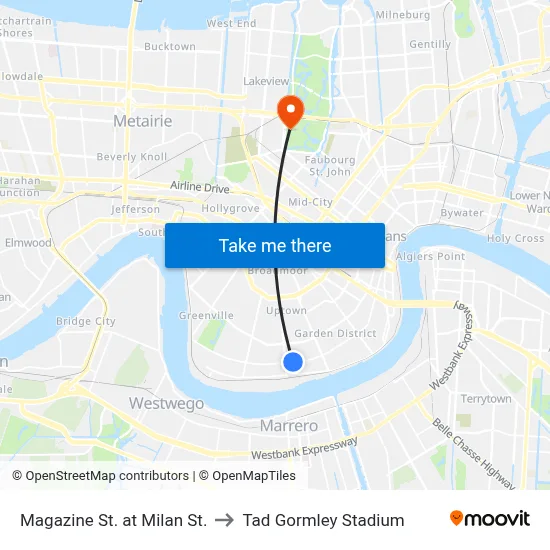 Magazine St. at Milan St. to Tad Gormley Stadium map