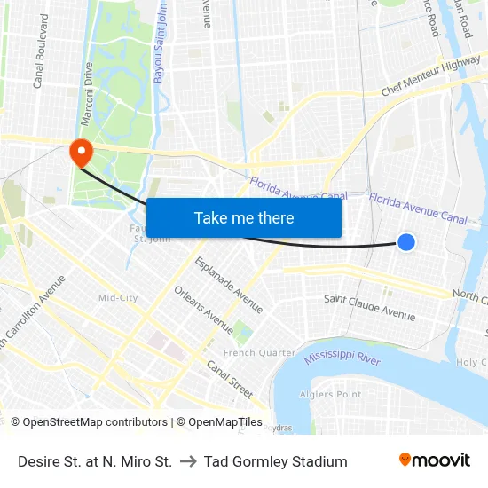 Desire St. at N. Miro St. to Tad Gormley Stadium map