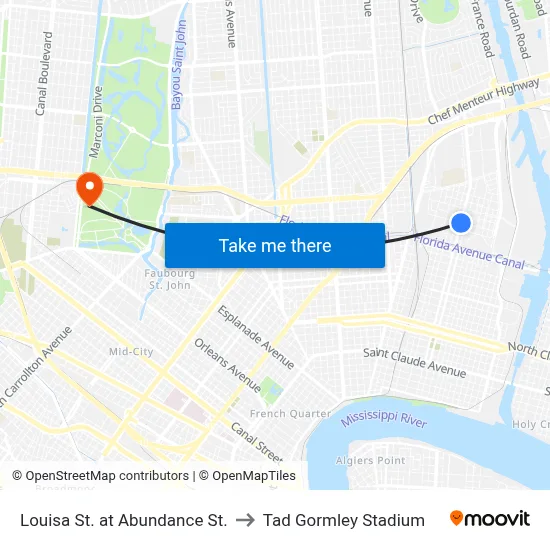 Louisa St. at Abundance St. to Tad Gormley Stadium map