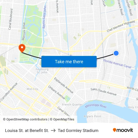 Louisa St. at Benefit St. to Tad Gormley Stadium map