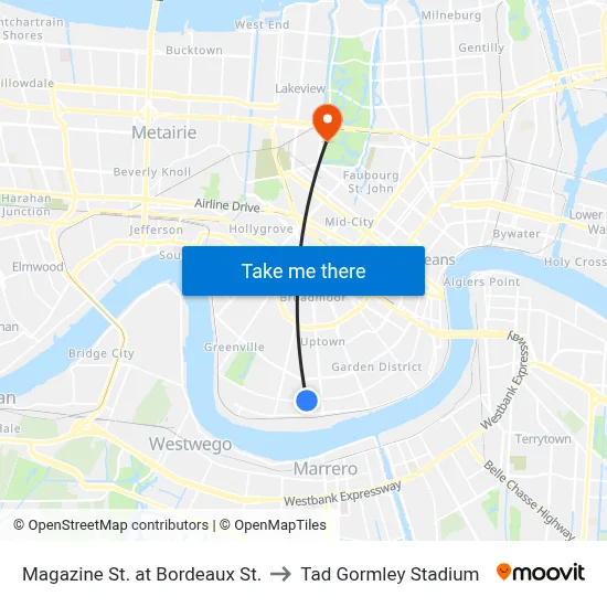 Magazine St. at Bordeaux St. to Tad Gormley Stadium map