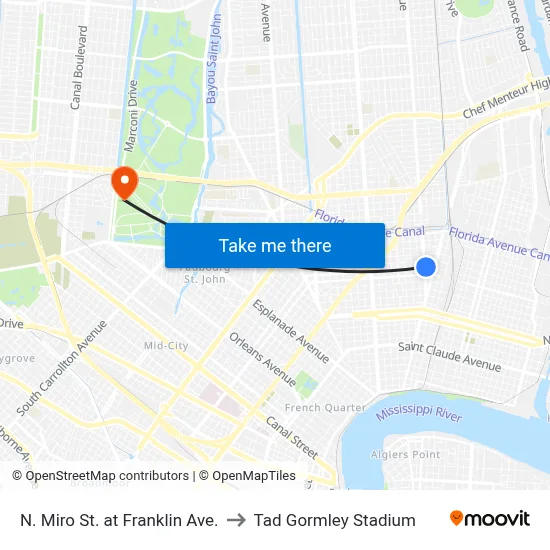 N. Miro St. at Franklin Ave. to Tad Gormley Stadium map