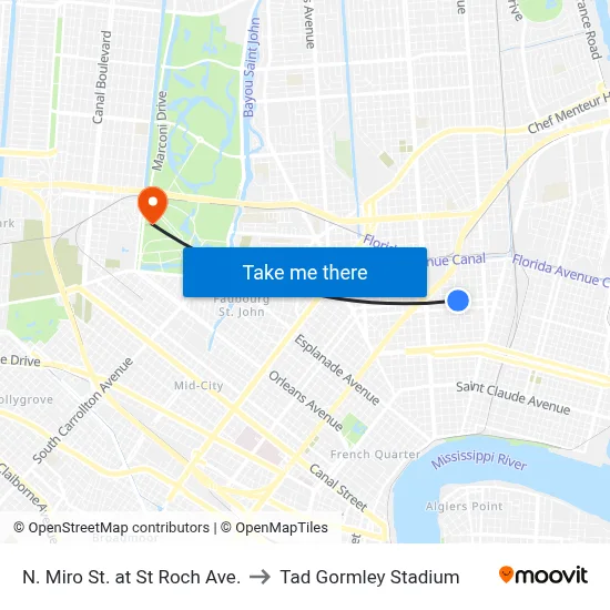 N. Miro St. at St Roch Ave. to Tad Gormley Stadium map