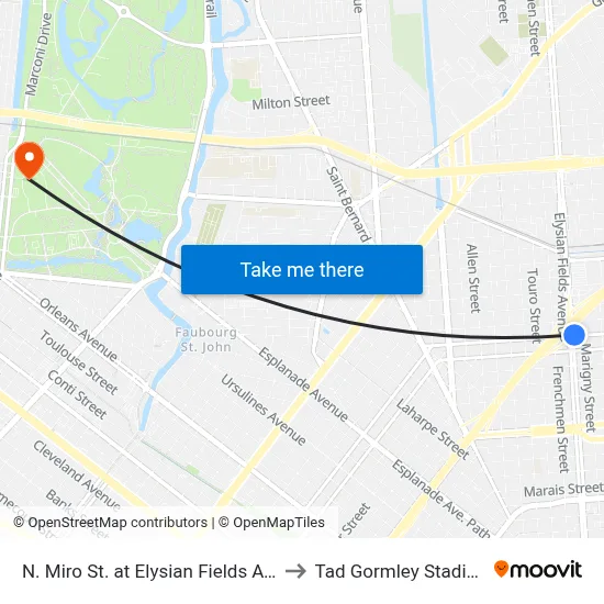 N. Miro St. at Elysian Fields Ave. to Tad Gormley Stadium map