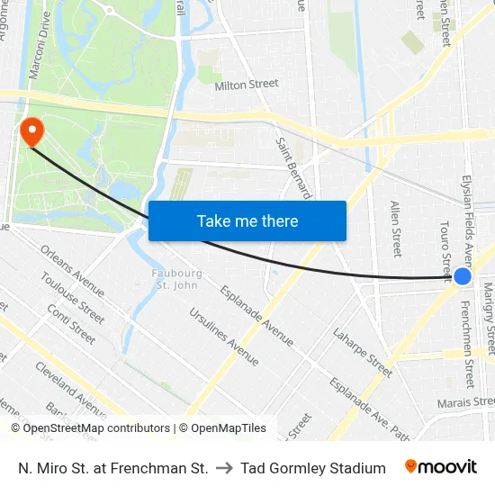 N. Miro St. at Frenchman St. to Tad Gormley Stadium map