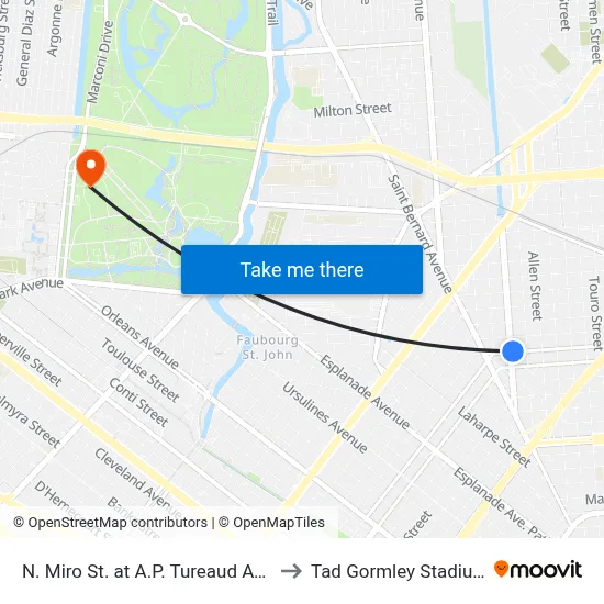 N. Miro St. at A.P. Tureaud Ave. to Tad Gormley Stadium map