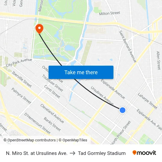 N. Miro St. at Ursulines Ave. to Tad Gormley Stadium map