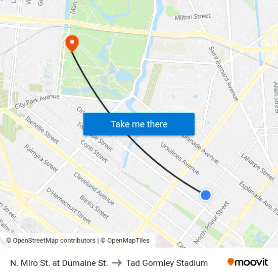 N. Miro St. at Dumaine St. to Tad Gormley Stadium map