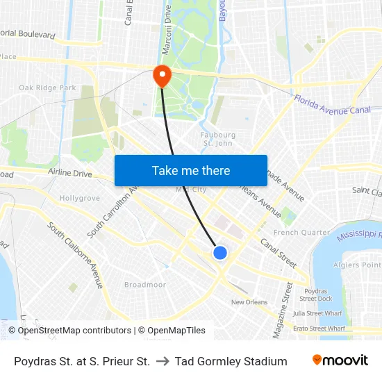 Poydras St. at S. Prieur St. to Tad Gormley Stadium map
