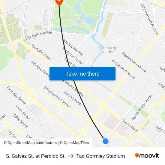S. Galvez St. at Perdido St. to Tad Gormley Stadium map