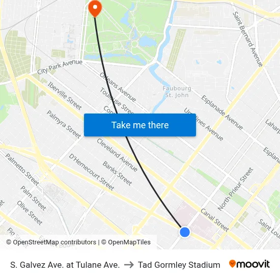 S. Galvez Ave. at Tulane Ave. to Tad Gormley Stadium map