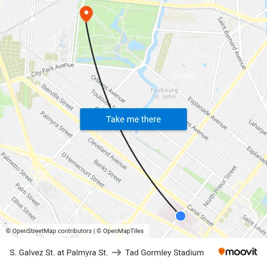 S. Galvez St. at Palmyra St. to Tad Gormley Stadium map