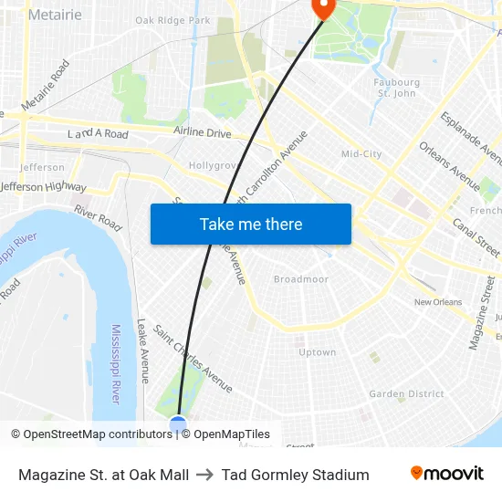 Magazine St. at Oak Mall to Tad Gormley Stadium map