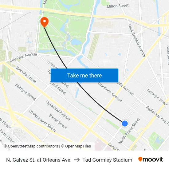 N. Galvez St. at Orleans Ave. to Tad Gormley Stadium map
