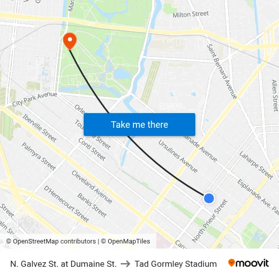 N. Galvez St. at Dumaine St. to Tad Gormley Stadium map