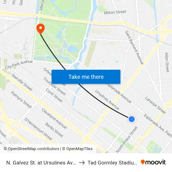 N. Galvez St. at Ursulines Ave. to Tad Gormley Stadium map