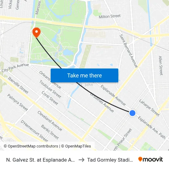 N. Galvez St. at Esplanade Ave. to Tad Gormley Stadium map