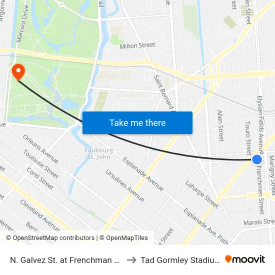 N. Galvez St. at Frenchman St. to Tad Gormley Stadium map