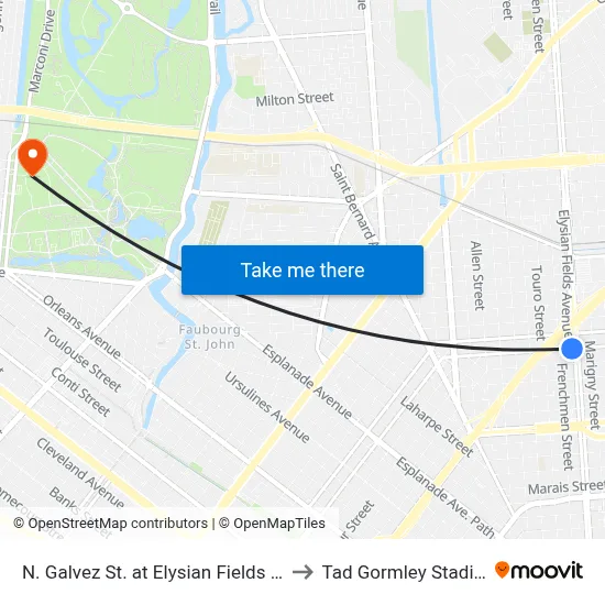 N. Galvez St. at Elysian Fields Ave. to Tad Gormley Stadium map