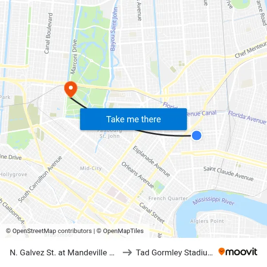 N. Galvez St. at Mandeville St. to Tad Gormley Stadium map