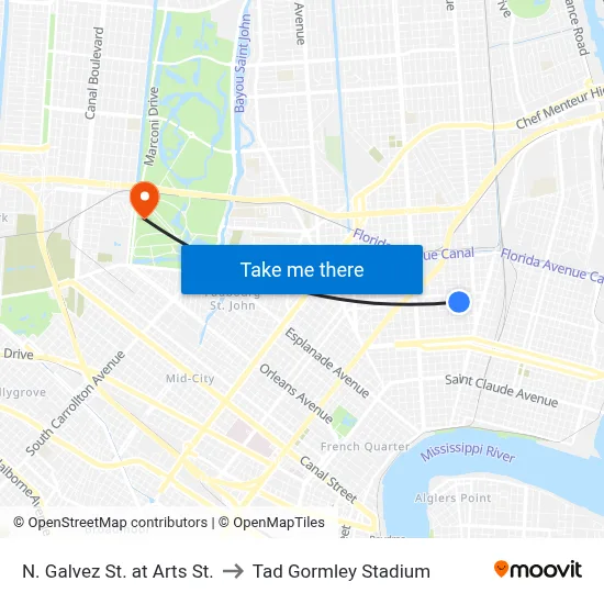 N. Galvez St. at Arts St. to Tad Gormley Stadium map