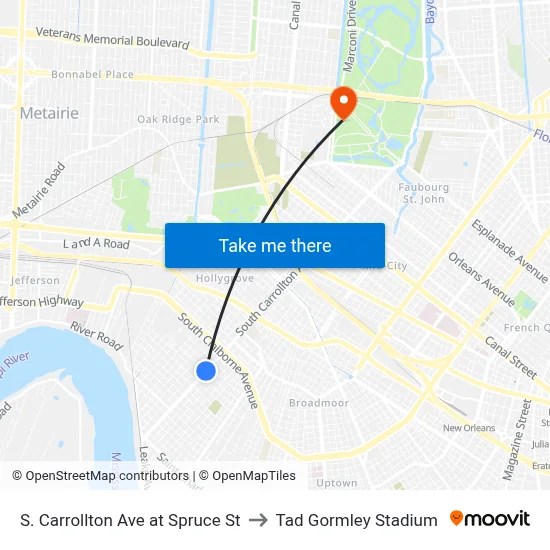 S. Carrollton Ave at Spruce St to Tad Gormley Stadium map