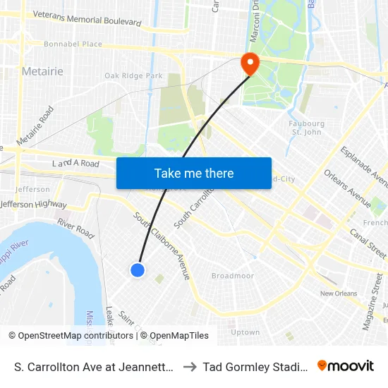 S. Carrollton Ave at Jeannette St to Tad Gormley Stadium map