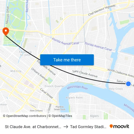 St Claude Ave. at Charbonnet St. to Tad Gormley Stadium map