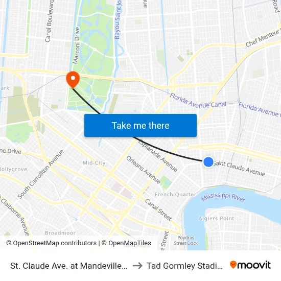 St. Claude Ave. at Mandeville St. to Tad Gormley Stadium map