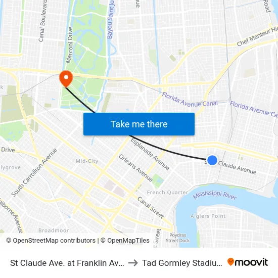 St Claude Ave. at Franklin Ave. to Tad Gormley Stadium map
