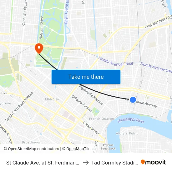St Claude Ave. at St. Ferdinand St. to Tad Gormley Stadium map