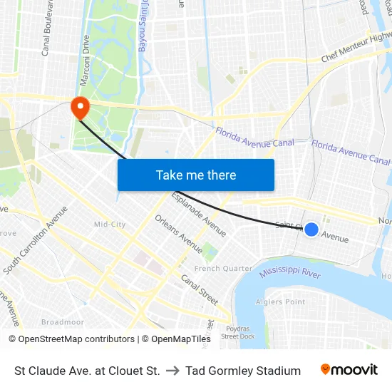St Claude Ave. at Clouet St. to Tad Gormley Stadium map