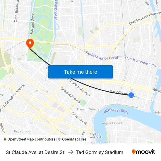 St Claude Ave. at Desire St. to Tad Gormley Stadium map